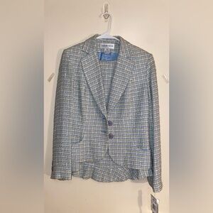 Jones New York Women Tweed Skirt Suit Plaid Blazer Size 8 Cotton Blend Blue
